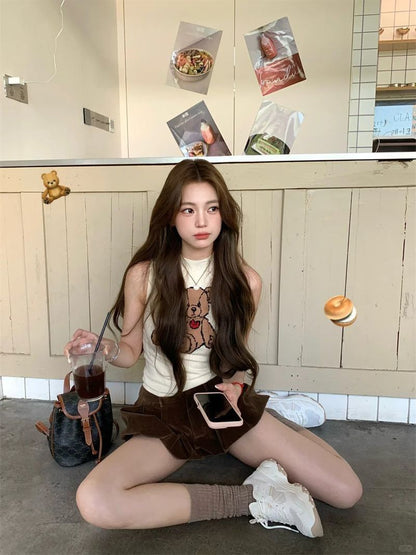 🧸美式復古圓領小熊印花背無袖上衣