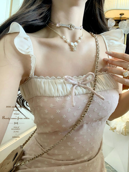 溫柔刺繡杏粉色撞色顯瘦蝴蝶結連衣短裙