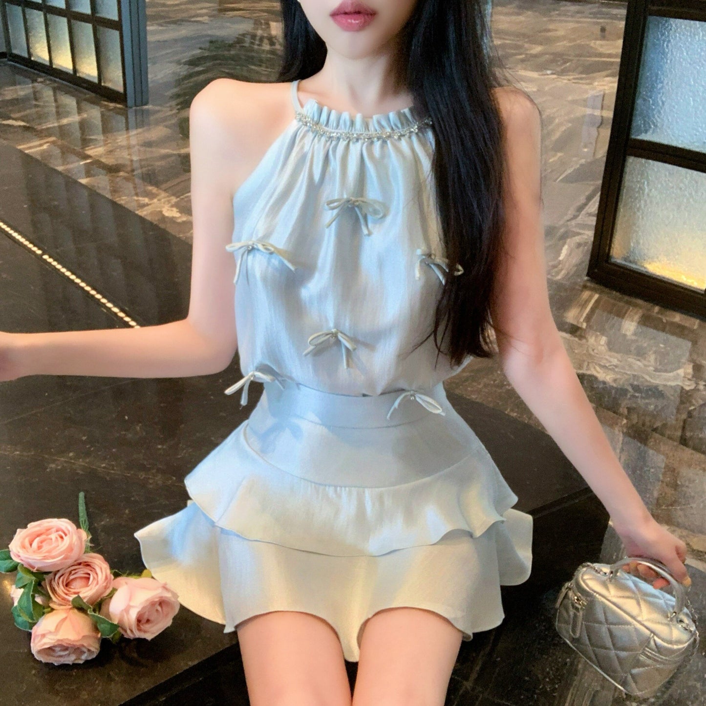 蝴蝶結掛脖背心蛋糕裙兩件套