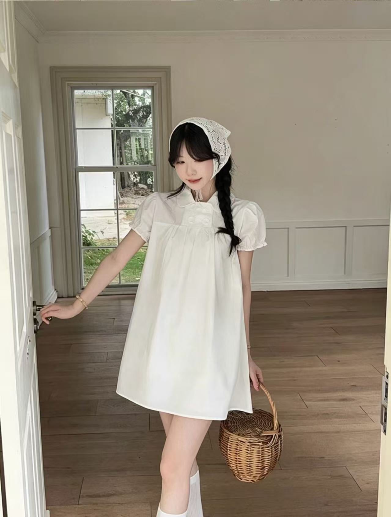 韓系雙排釦泡泡袖娃娃領連衣裙