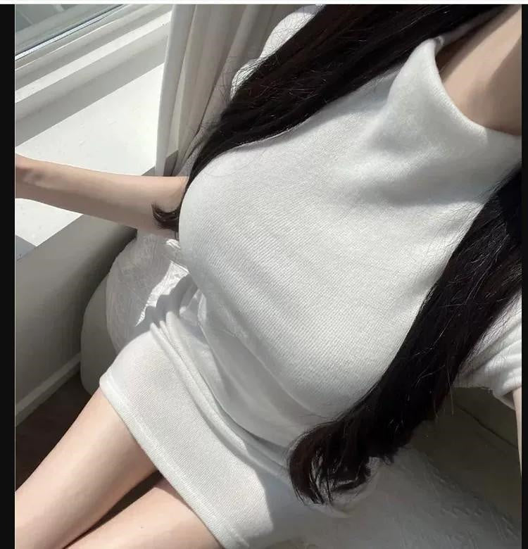 韓系春季微透修身高領短袖包臀短裙