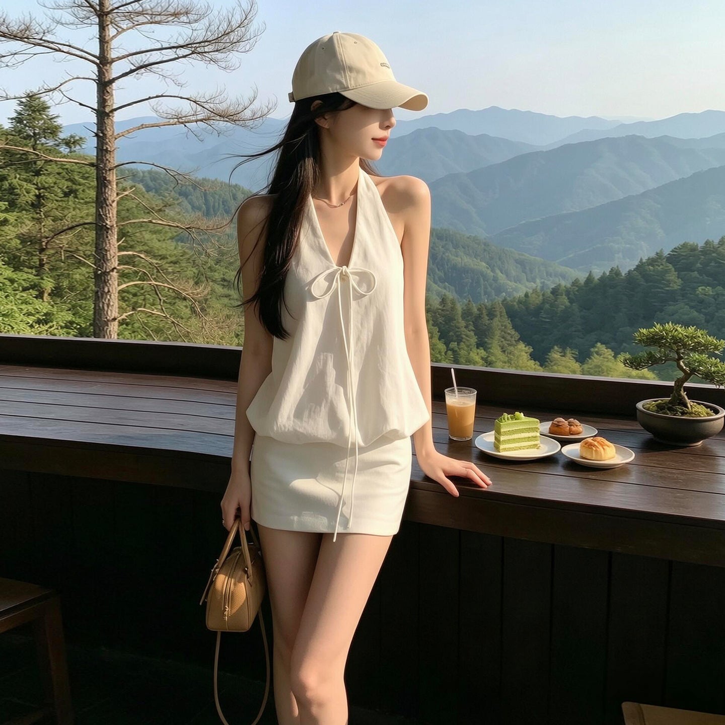 韓系白色V領掛脖無袖包臀兩件套