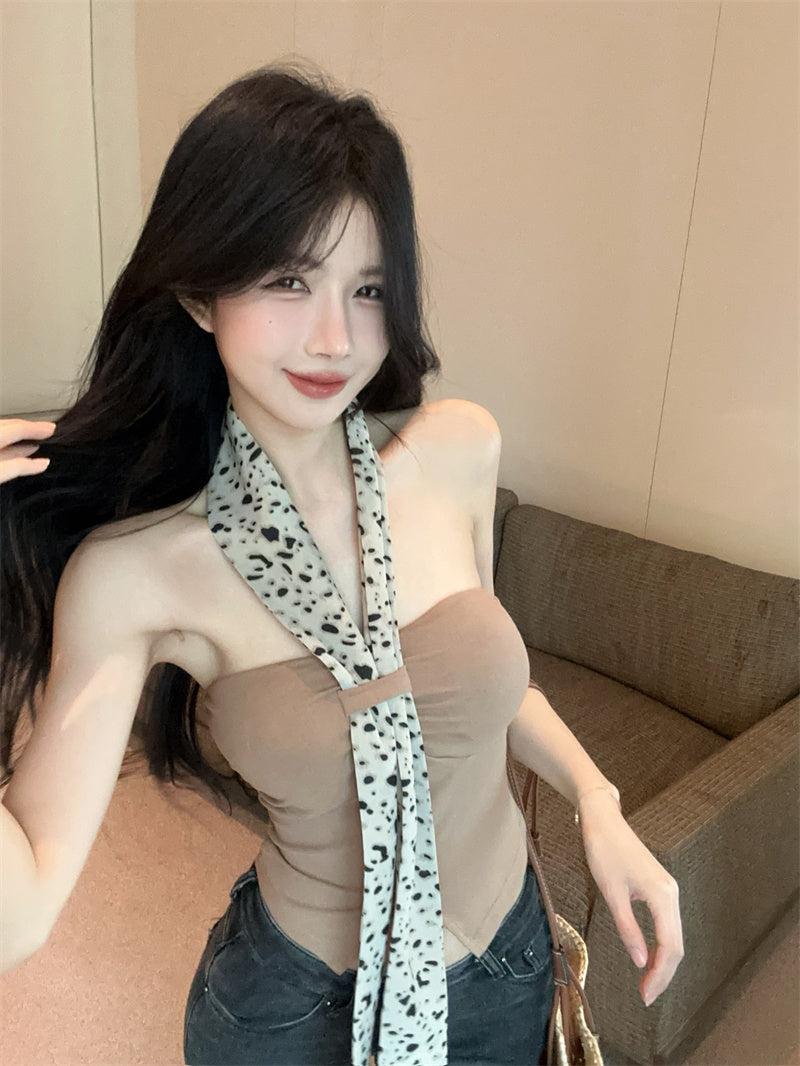 夏季褶皺抹胸收腰絲巾開衩背心單品