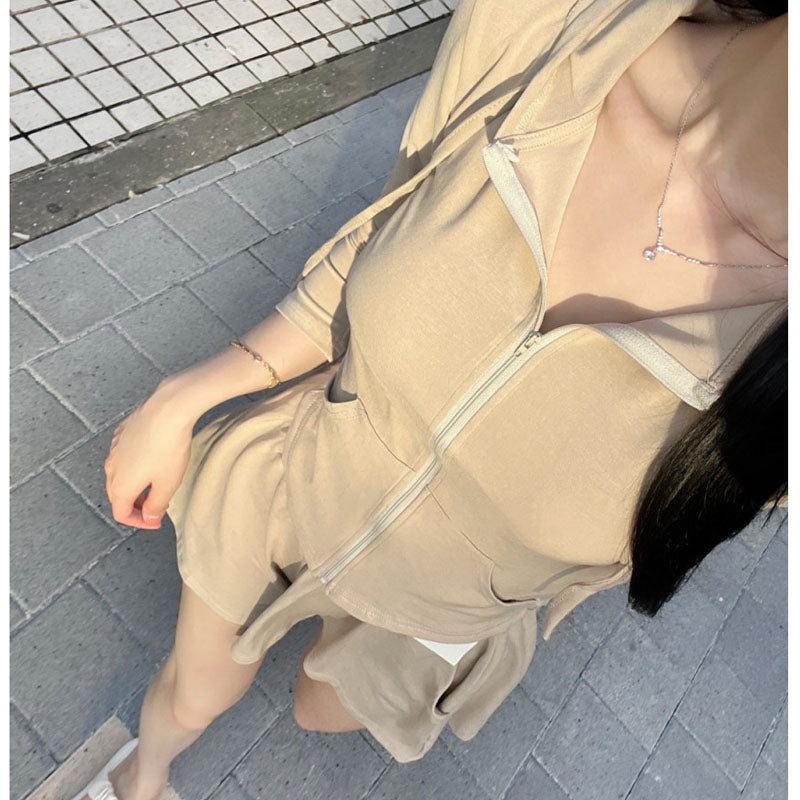 休閒百搭顯瘦連帽外套&短褲套裝