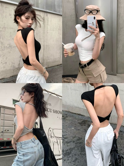 歐美后背交叉露背圓領正肩上衣