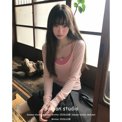 💕現貨秒出🍓鬆弛感微透罩衫+粉色吊帶上衣