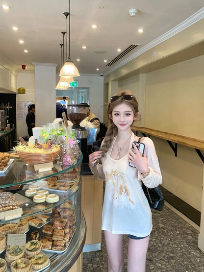 可愛小狗薄款V領長袖罩衫吊帶上衣兩件套