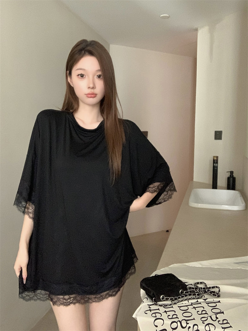 休閒百搭寬鬆下擺開衩蕾絲上衣