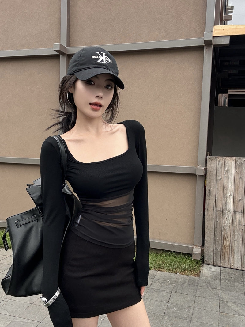 純御性感方領拼接網紗長袖上衣