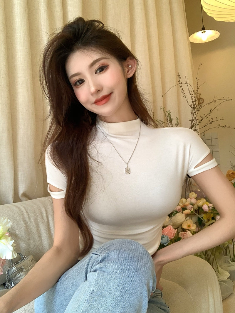 ins系氣質半袖小高領打底顯瘦T袖