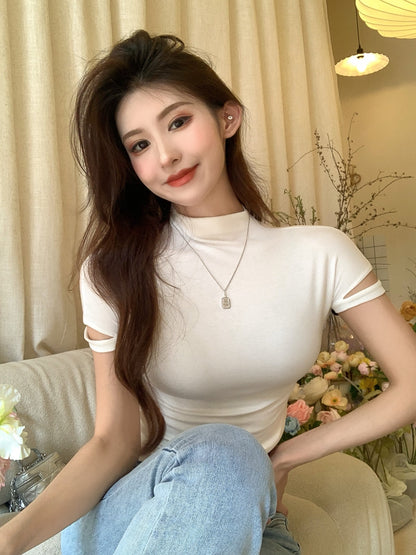 ins系氣質半袖小高領打底顯瘦T袖