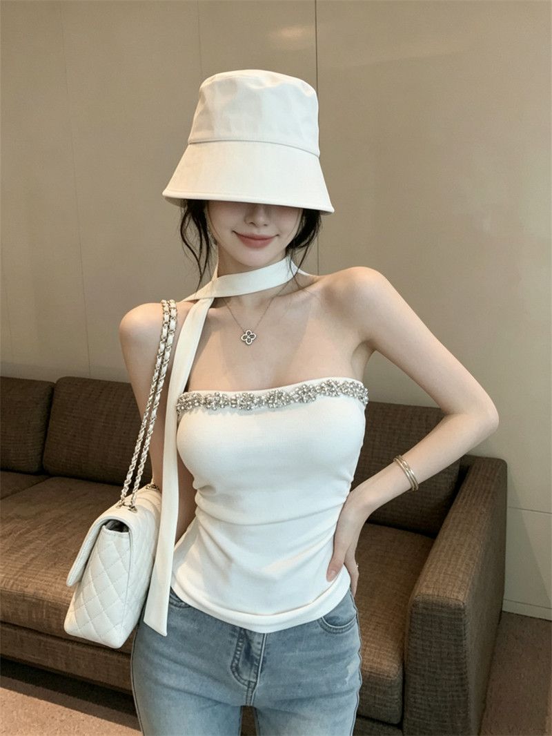 鑲鑽性感抹胸掛脖高腰顯瘦上衣(含圍脖)