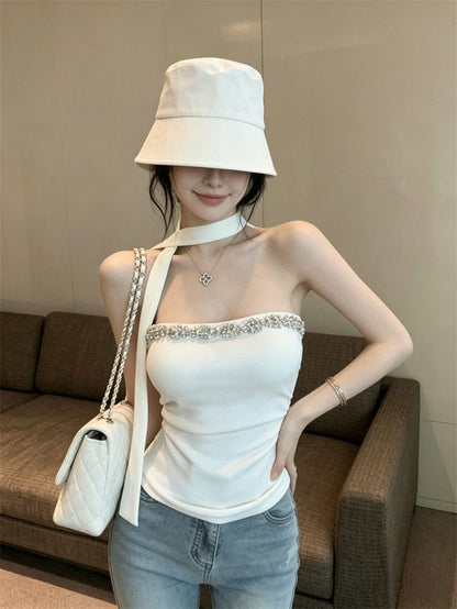鑲鑽性感抹胸掛脖高腰顯瘦上衣(含圍脖)