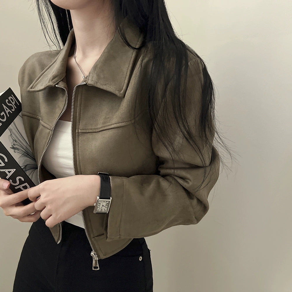chic秋季復古帥氣翻領拉鍊短款外套