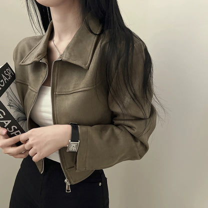 chic秋季復古帥氣翻領拉鍊短款外套