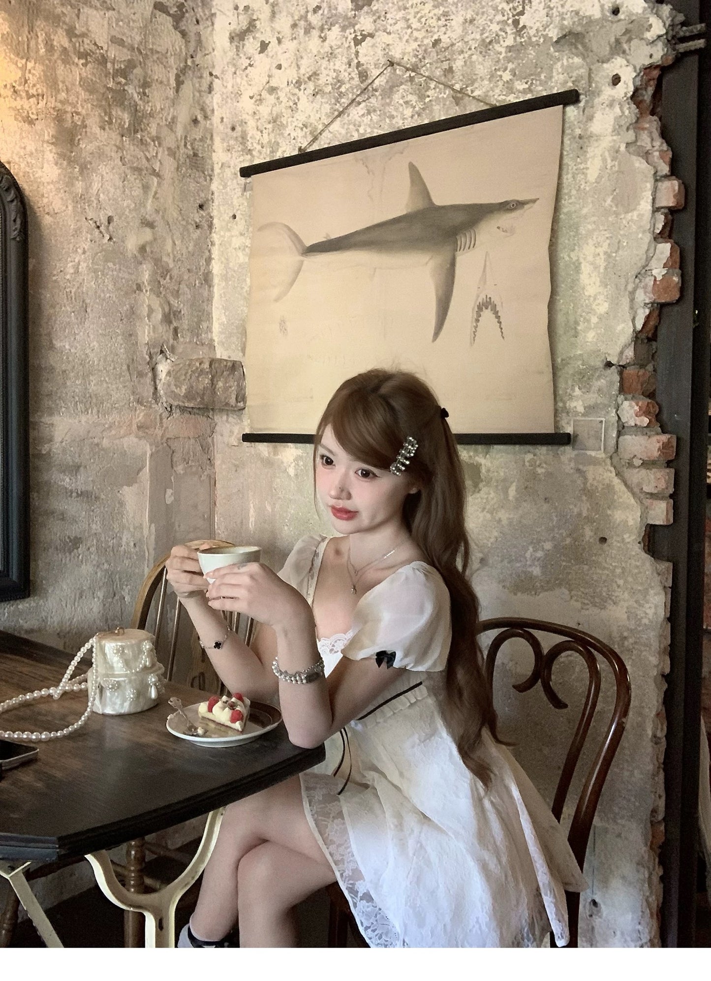 甜杏冰茶千金蕾絲短袖上衣連衣短裙