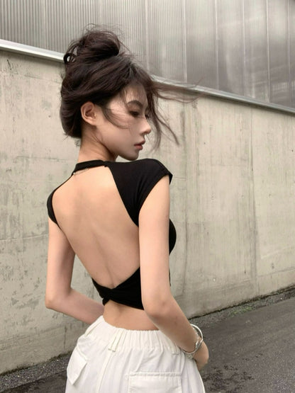 歐美后背交叉露背圓領正肩上衣