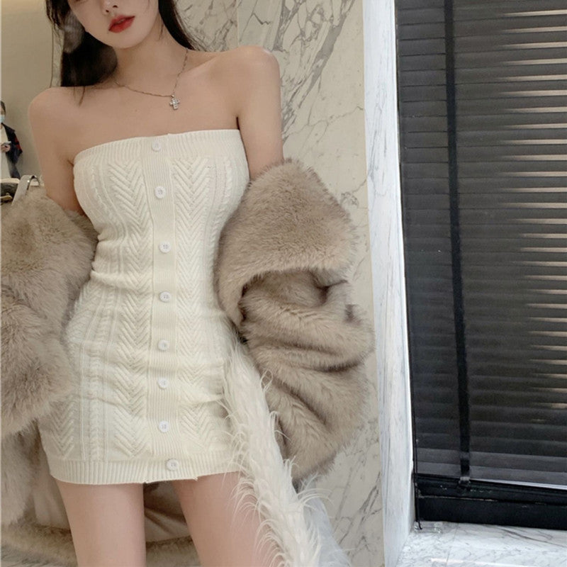 💕現貨秒出🍓韓系一字領露肩鎖骨針織包臀裙