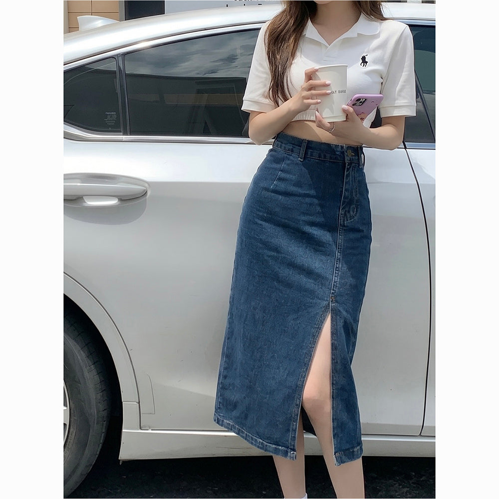 韓系牛仔半身高腰中長開岔包臀裙