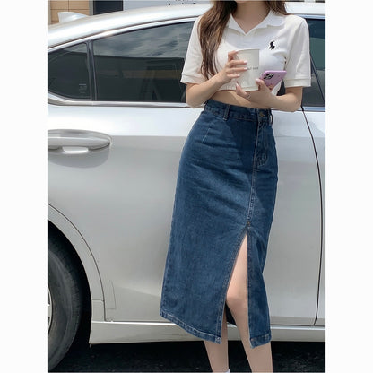 韓系牛仔半身高腰中長開岔包臀裙