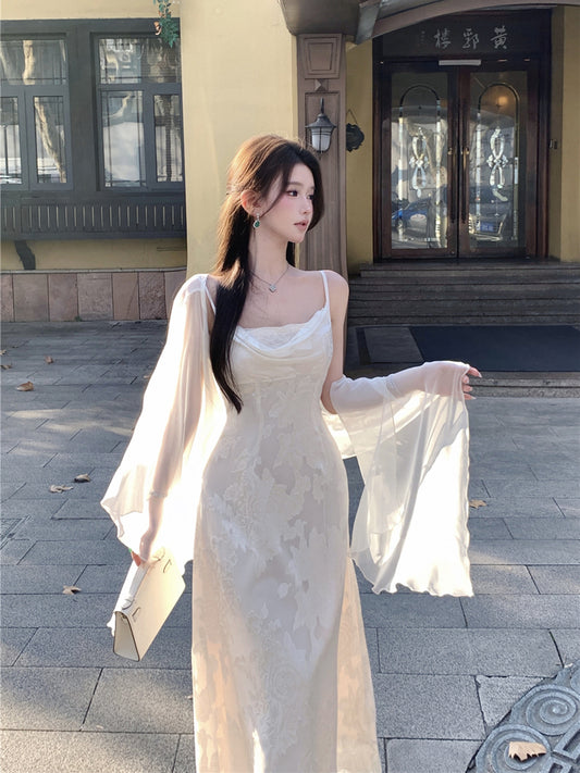 性感溫柔緹花吊帶連衣長裙