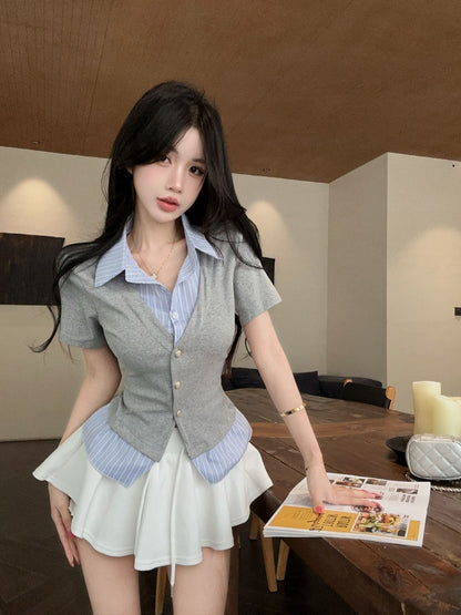 韓系假兩件拼接短袖襯衫上衣