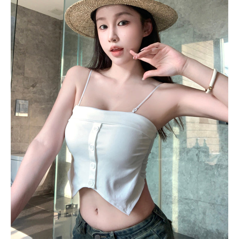 洋氣吊帶個性不規則鈕扣上衣
