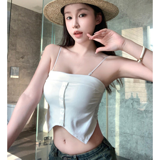 洋氣吊帶個性不規則鈕扣上衣