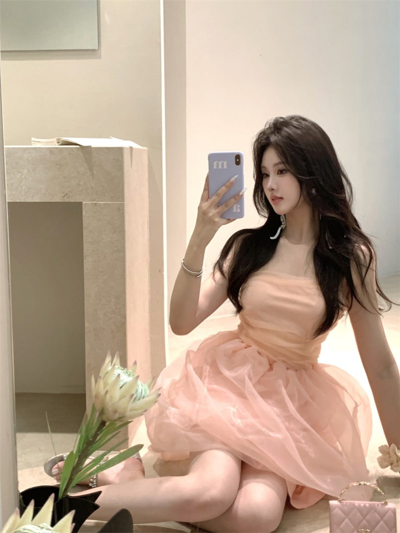 可愛粉色腮紅澎澎連衣短裙禮服