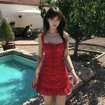 度假性感紅色吊帶連衣短裙