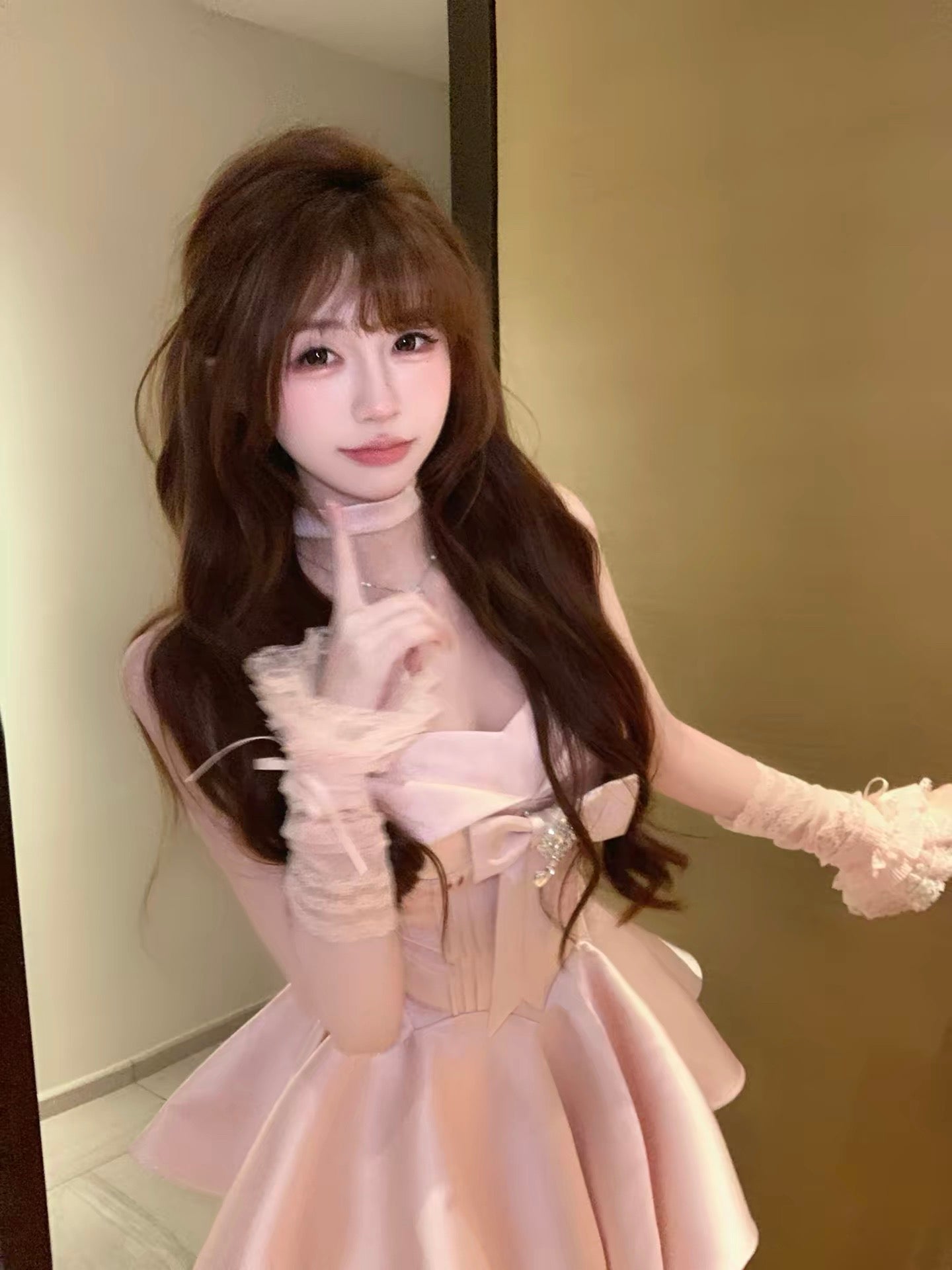 約會溫柔玫瑰色珠光小禮服
