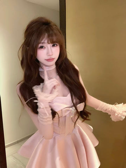 約會溫柔玫瑰色珠光小禮服