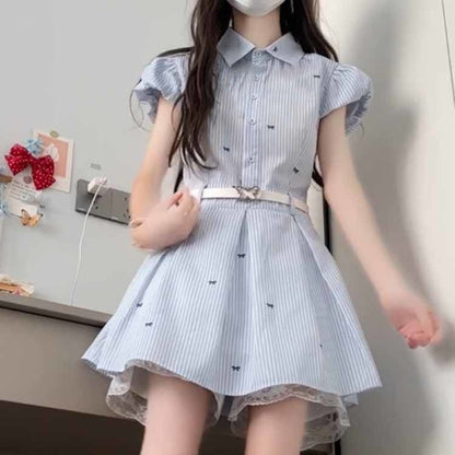 韓系小個子藍色條紋襯衫連衣裙