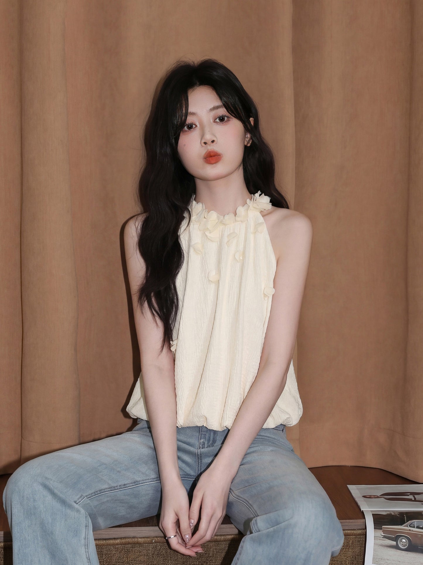 溫柔米白色掛脖吊帶背心