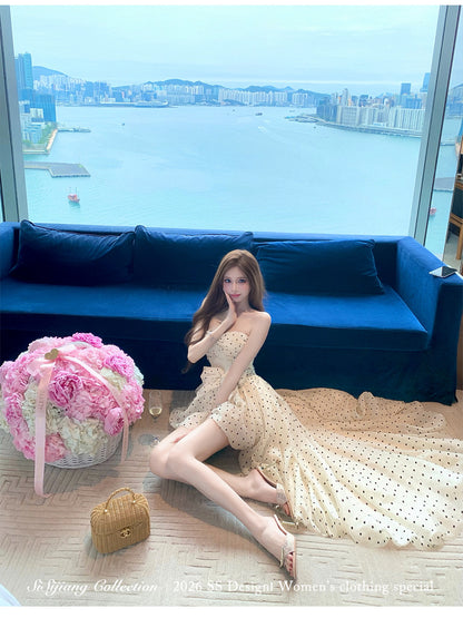 法式華麗小點點連身前短後長小禮服