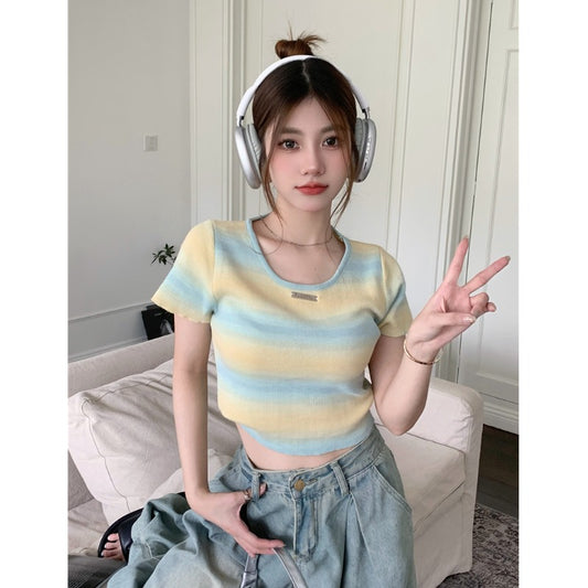 💕現貨秒出🍓多巴胺彩虹漸變色條紋針織T袖