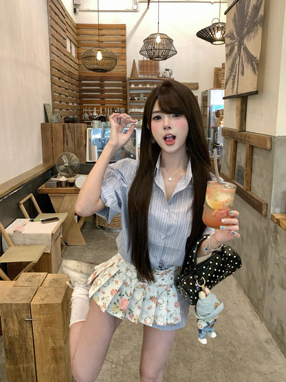韓系條紋襯衫百褶短半裙兩件套