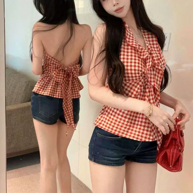 🕶️夏日紅色格子無袖掛脖背心❤️