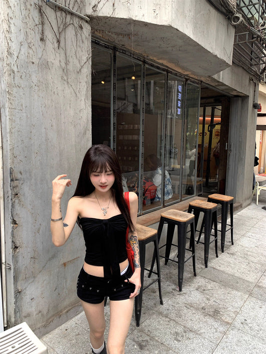休閒日常修身帶胸墊簡約平口上衣