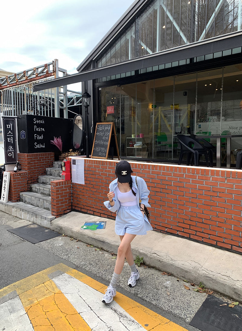 休閒寬鬆居家襯衫+寬短褲兩件套