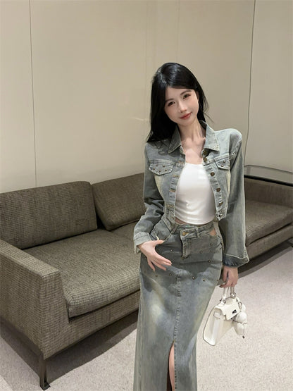 美式復古辣妹高腰開衩牛仔裙套裝