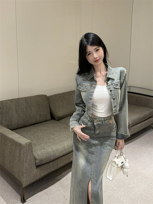 美式復古辣妹高腰開衩牛仔裙套裝