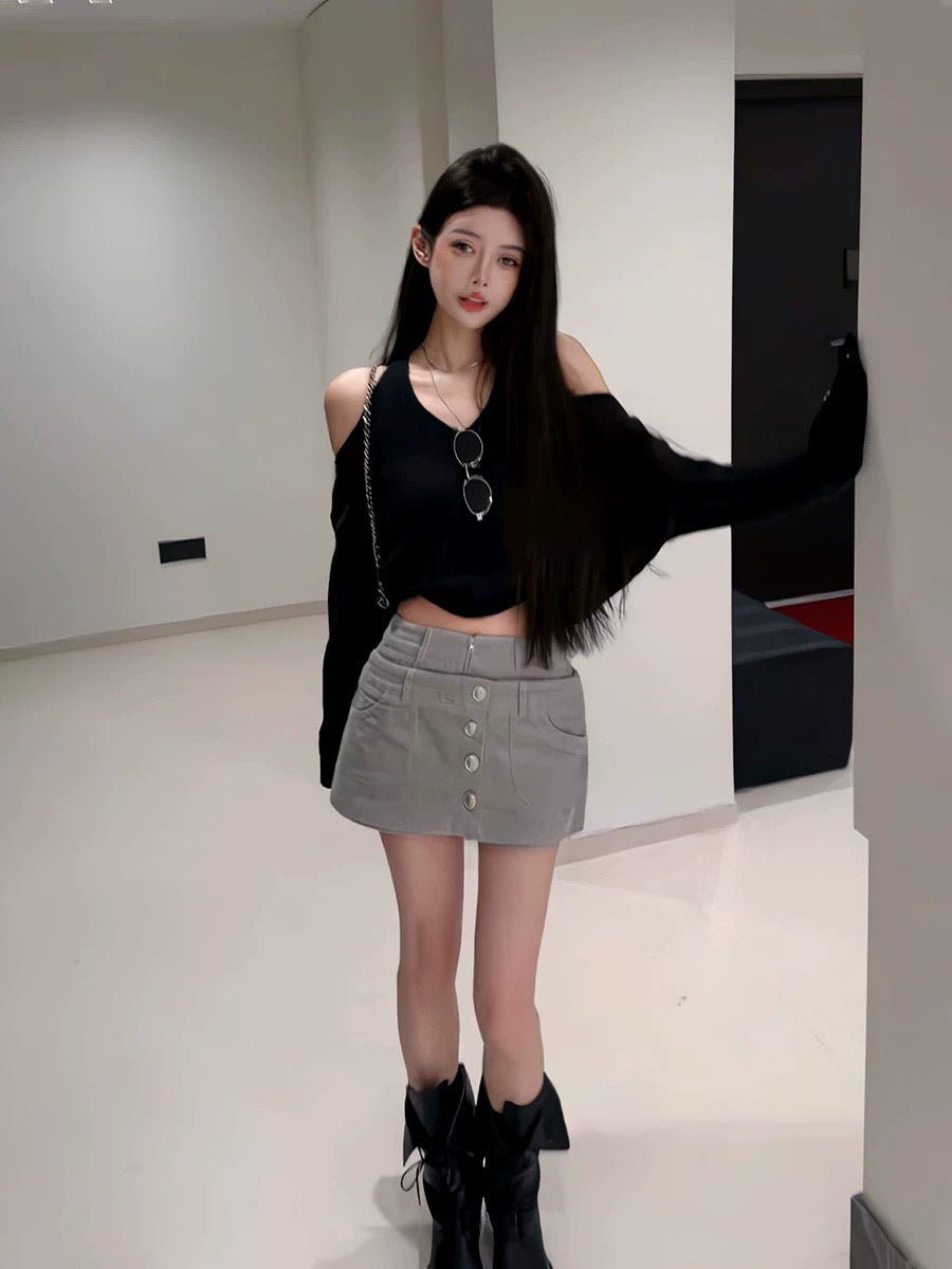 春夏性感V領露肩慵懶褲裙兩件套