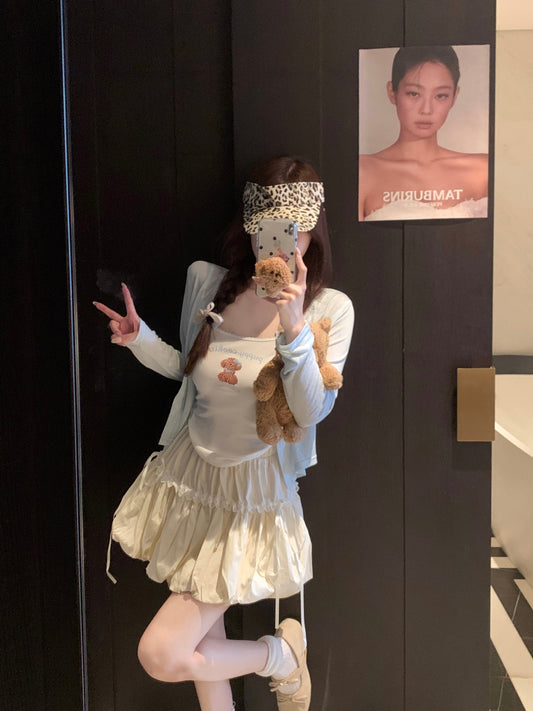 🧸花邊吊帶可愛熊背心&罩衫兩件套
