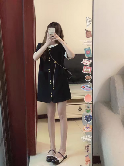 法式氣質正肩小香風短袖連衣短裙