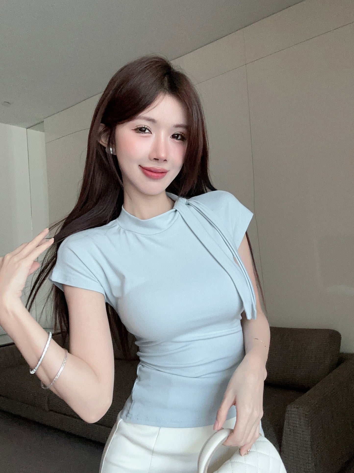 系帶圍巾領修身簡約上衣