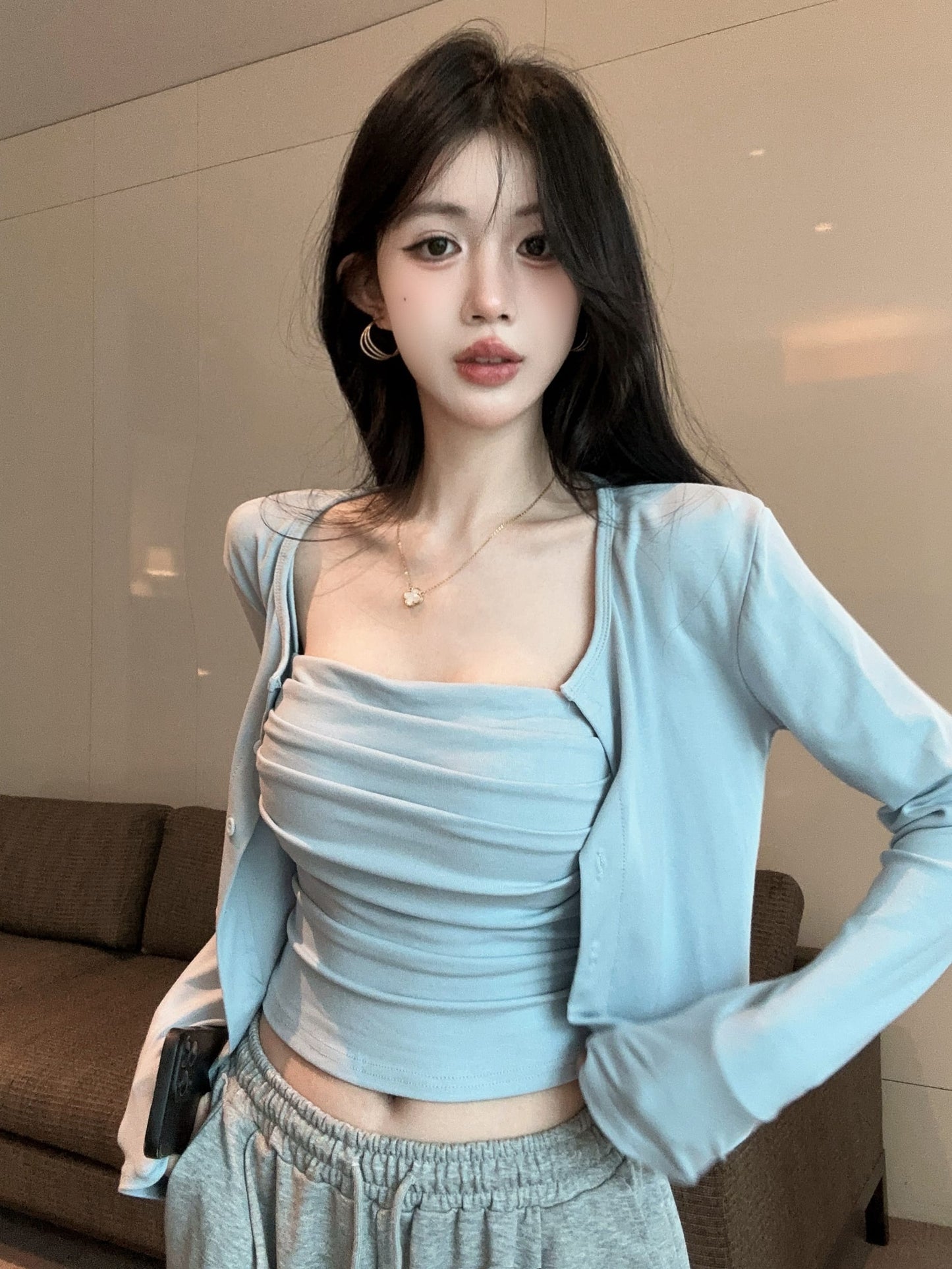 春夏褶皺吊帶背心+薄外套兩件組