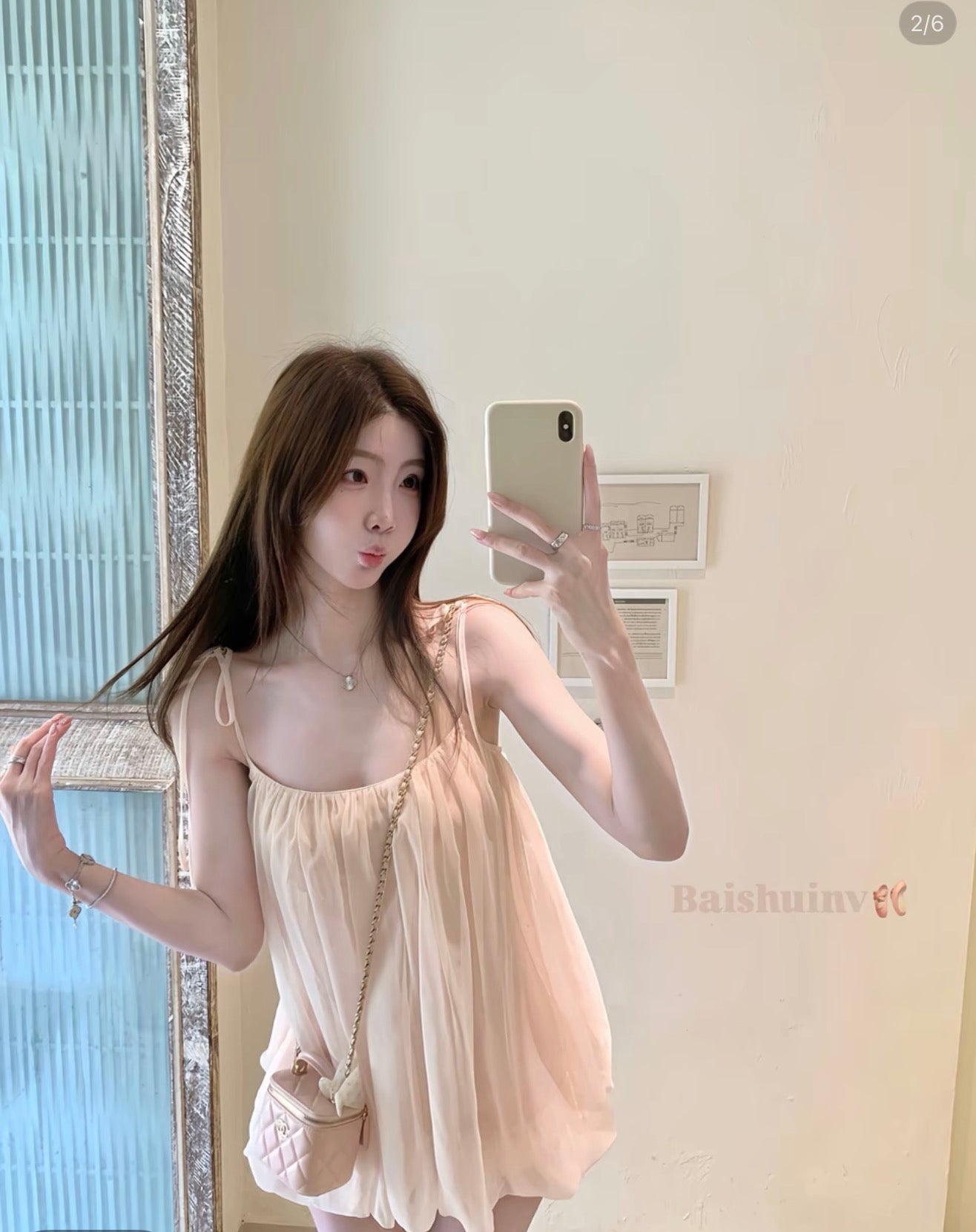 溫柔粉色碎摺吊帶短褲澎澎短裙