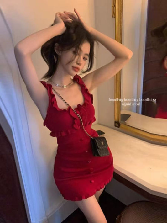 辣妹木耳邊針織吊帶連身裙