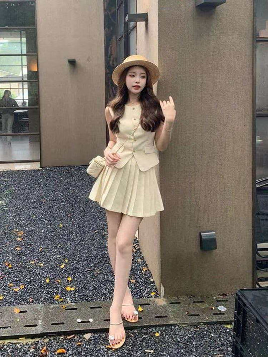 💕現貨秒出🍓高級復古小香風無袖上衣&高腰百褶裙兩件套